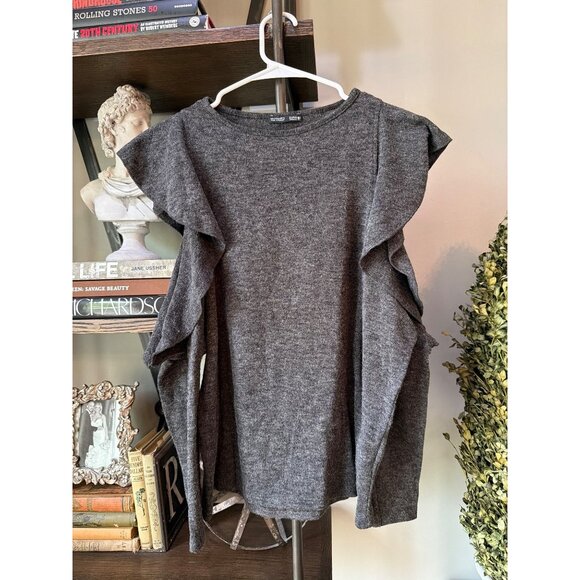 ZARA Knit Ruffle Cold Shoulder Sweater Gray Womens Size Small - Picture 4 of 9